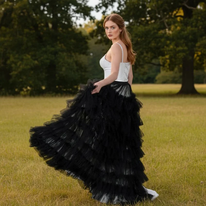 A Black Layered Tulle Underskirt Brides, Featuring a Puffed Design And a Train, Suitable Model Runway Shows, Performance