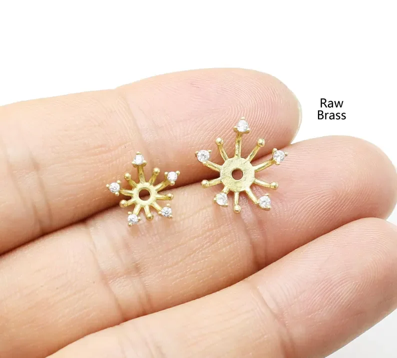 

10pcs Flower Center Pollen, CZ Floral Earring Charm, Flower Stamen Caps, Raw Brass Gemstone Base, 11mm, Jewelry Making -R2905