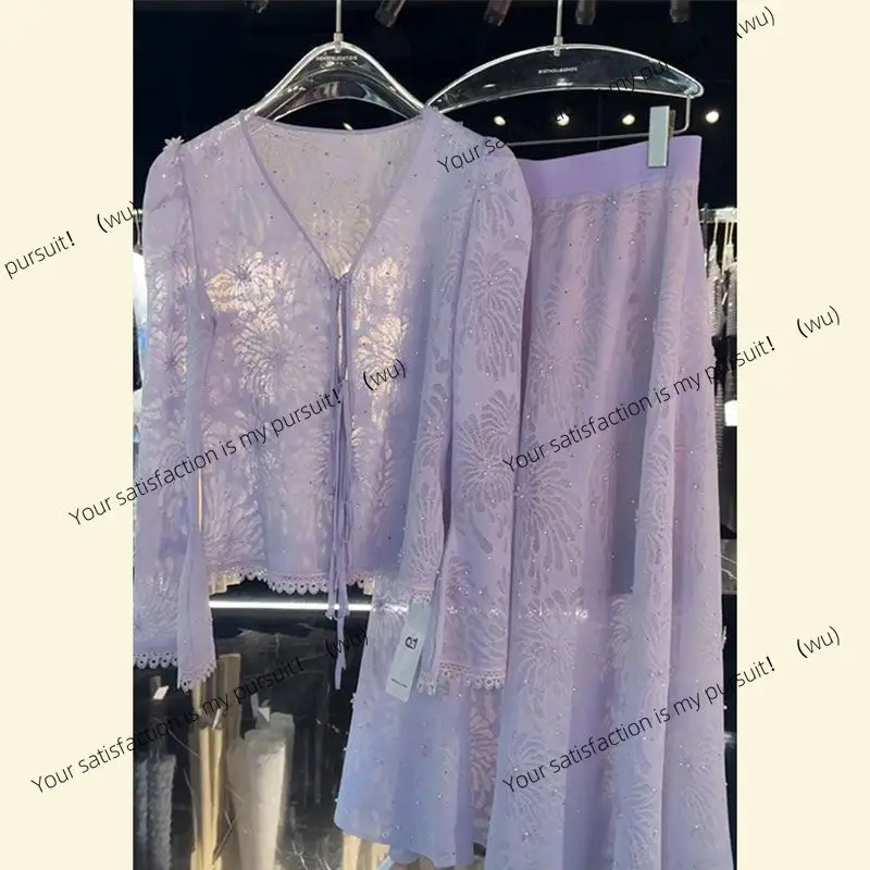 

2025 summer new new Chinese style summer beautiful wear purple cardigan top skirt two-piece set