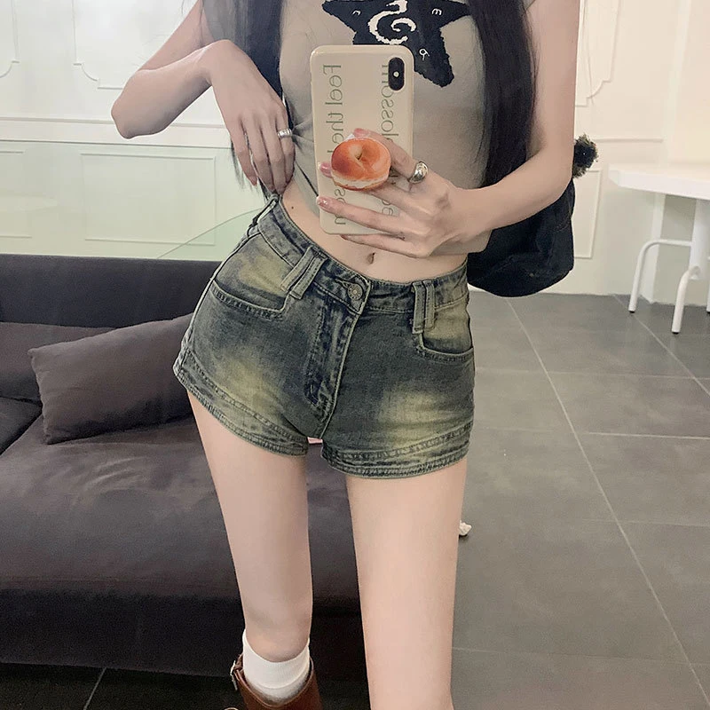 Gidyq Y2K Blue Denim Shorts Women Korean Fashion Streetwear High Waist Mini Jeans Shorts Summer Retro Hip Wrap Jeans for Ladies