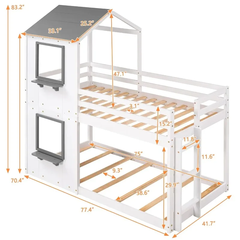 Twin Low House Bunk Bed Wood Frame with Roof Window Guardrail Kids Teens No Box Spring White, Customized