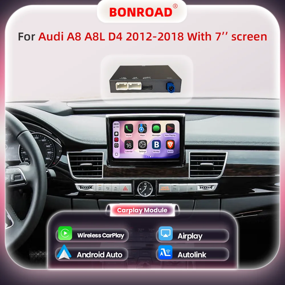 Moduł aktualizacji interfejsu BONROAD Wireless CarPlay Android Auto dla Audi A8 A8L D4 2012-2018 z 7-calowym ekranem, funkcją Mirror Link, Bluetooth i nawigacją GPS.
