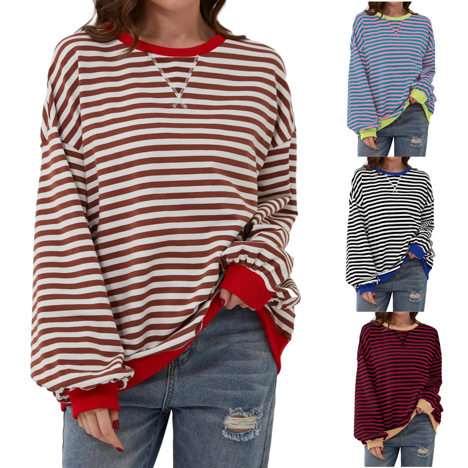 Spring Sweatshirt Striped Oversized Sweatshirt Women Harajuku Pullovers Korean Fashion Long Sleeve Tops Streetwear Loose Tops