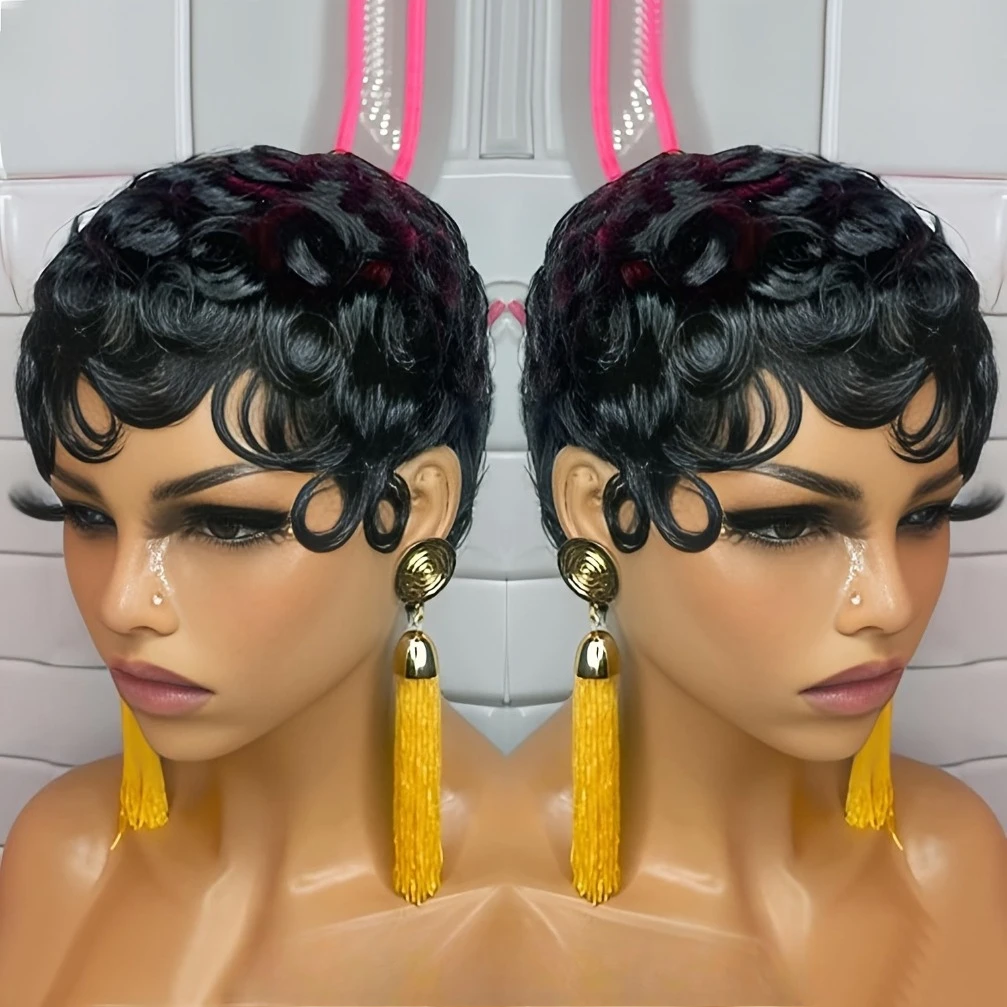 

150% Плотность 6-дюймовый вьющийся парик с стрижкой пикси, короткие парики из натуральных волос для женщин, полный парик машинного производства