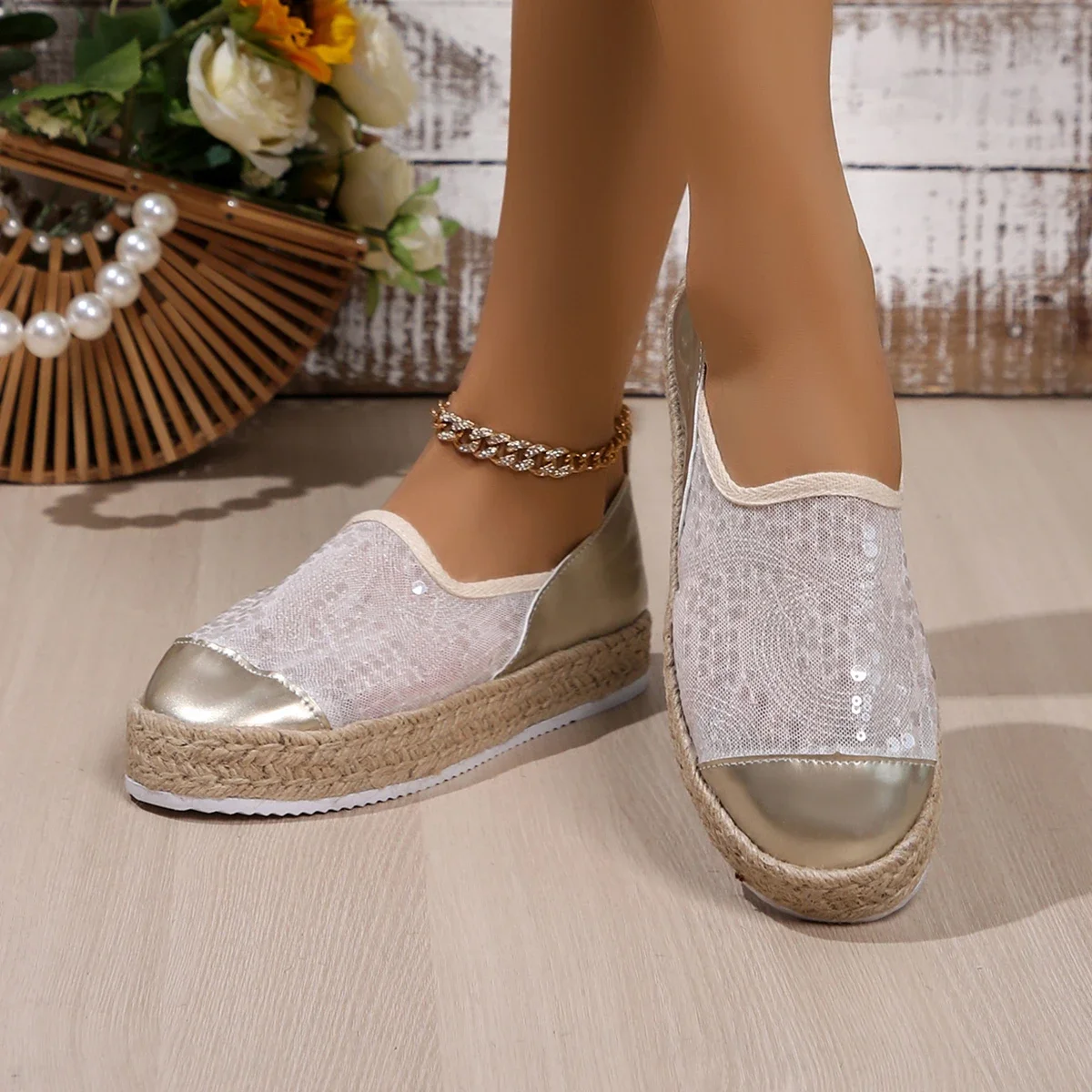 Splicing Sequins sapatos casuais para mulheres, moda slip-on malha tênis, mocassins vulcanizados, tamanho grande 43