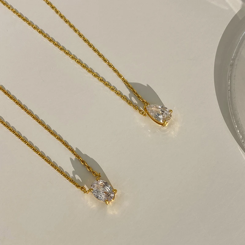 INS Minimalist Small Waterdrop Oval Pendant Necklace Stainless Steel 18K Gold Color Cubic Zirconia Collar Necklace Fashion Gift