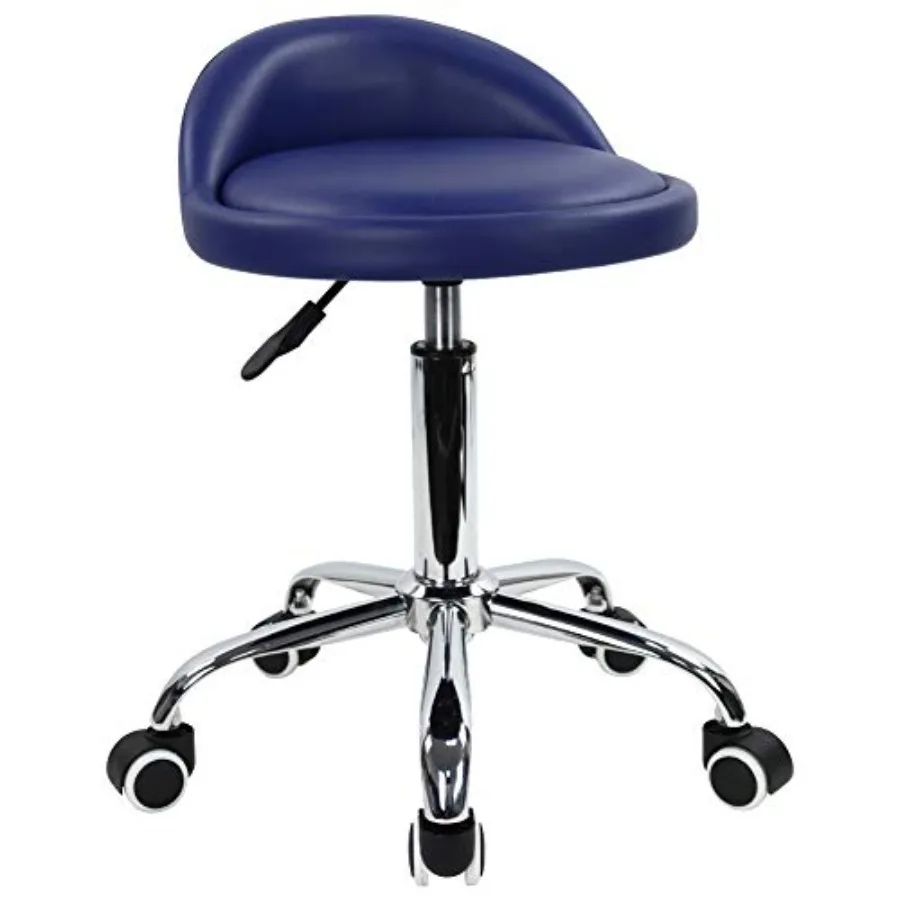 

PU Leather Round Rolling Stool with Back Rest Height Adjustable Swivel Drafting Work SPA Task Chair with Wheels Blue
