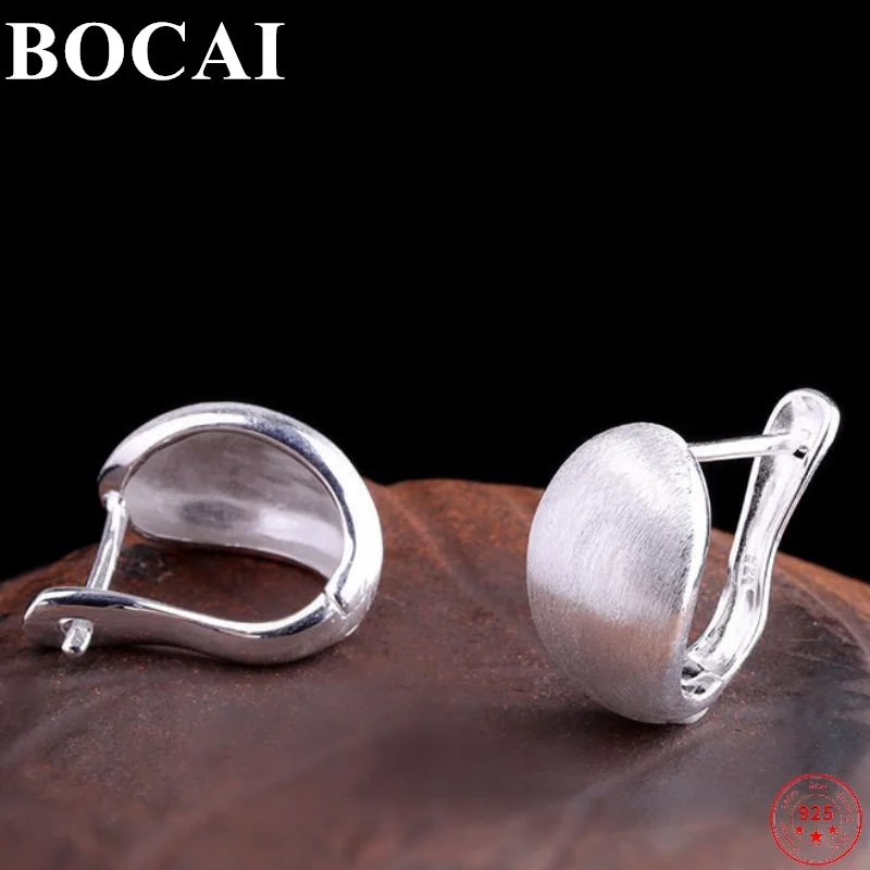 

BOCAI S925 Sterling Silver Charm Earrings Drawing Process Matte Surface Oval Ear Clips Pure Argentum Fashion Jewelry for Women