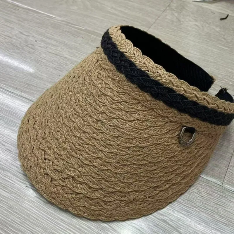 

A simple black lace-up straw-woven hollow top hat for women's sunshade and rare versatile