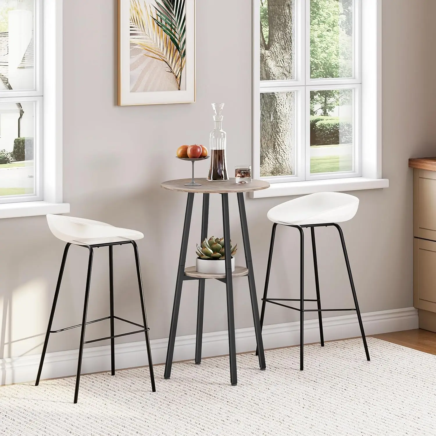 Round Pub Table with Storage, 2-Tier Bistro Table for Small Spaces, Easy to Assemble in Greige