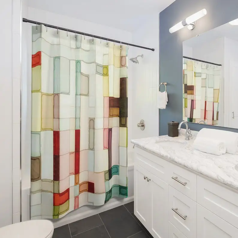 

Занавеска для душа с геометрическим рисунком акварели, абстрактное искусство, декор ванной комнаты, розовая, персиковая, желтая, красная, зеленая и коричневая современная ванна