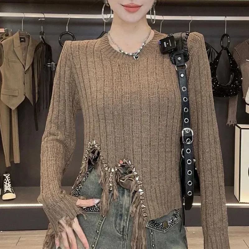 

Fashion Solid Color Diamonds Tassel Irregular Blouses Women's Clothing 2024 Winter Loose Casual Tops Asymmetrical Shirts E159