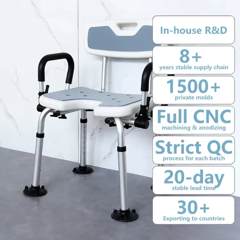 Simplywalk aluminum alloy 150KG U-shaped bath shower chair, flippable armrest, bathroom elderly use UKCA OEM ODM service
