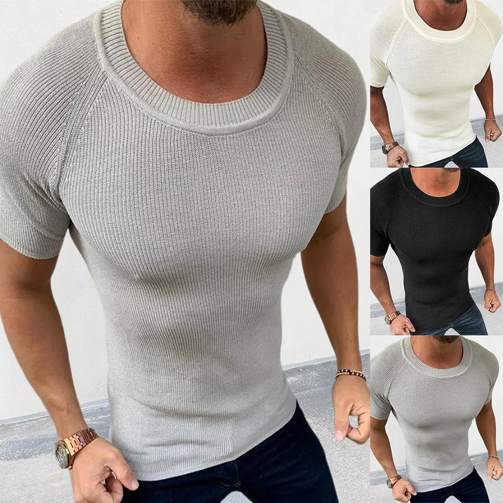 Knitted Sweater Men's, Spring And Summer Solid Color Slim-fitting Short-sleeved Pullover Top Muscle Men's Clothing