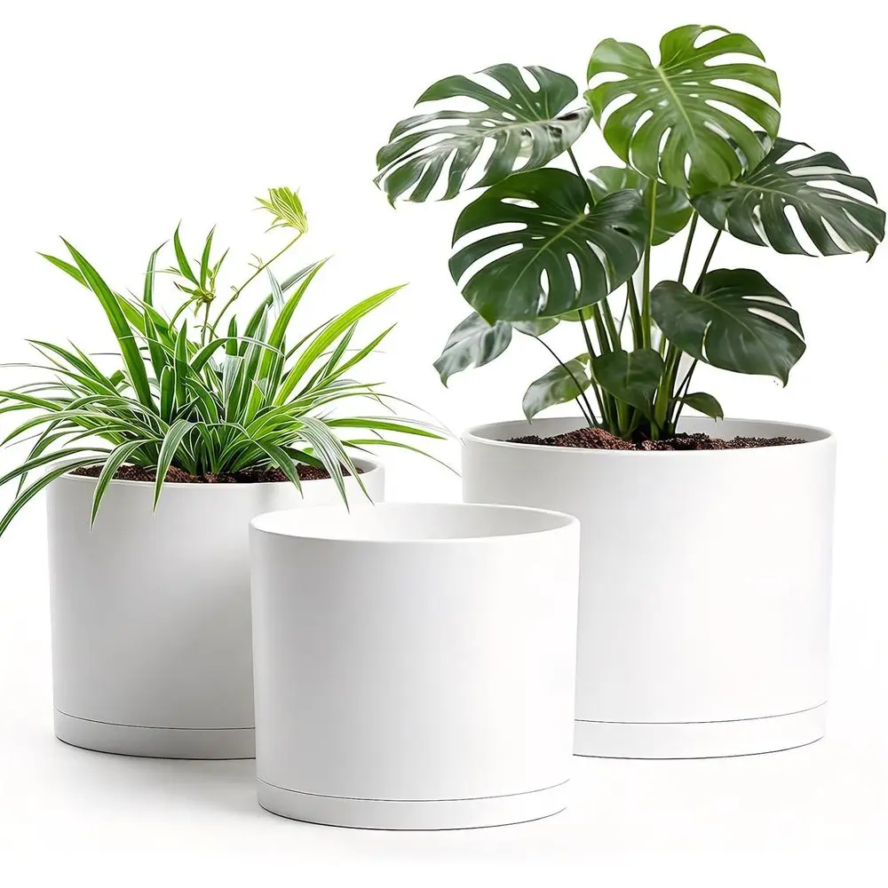 

10/9/8 Inch Set of 3 Minimalist White Cylinder Plant Pots with Drainage for Indoor/Outdoor Use