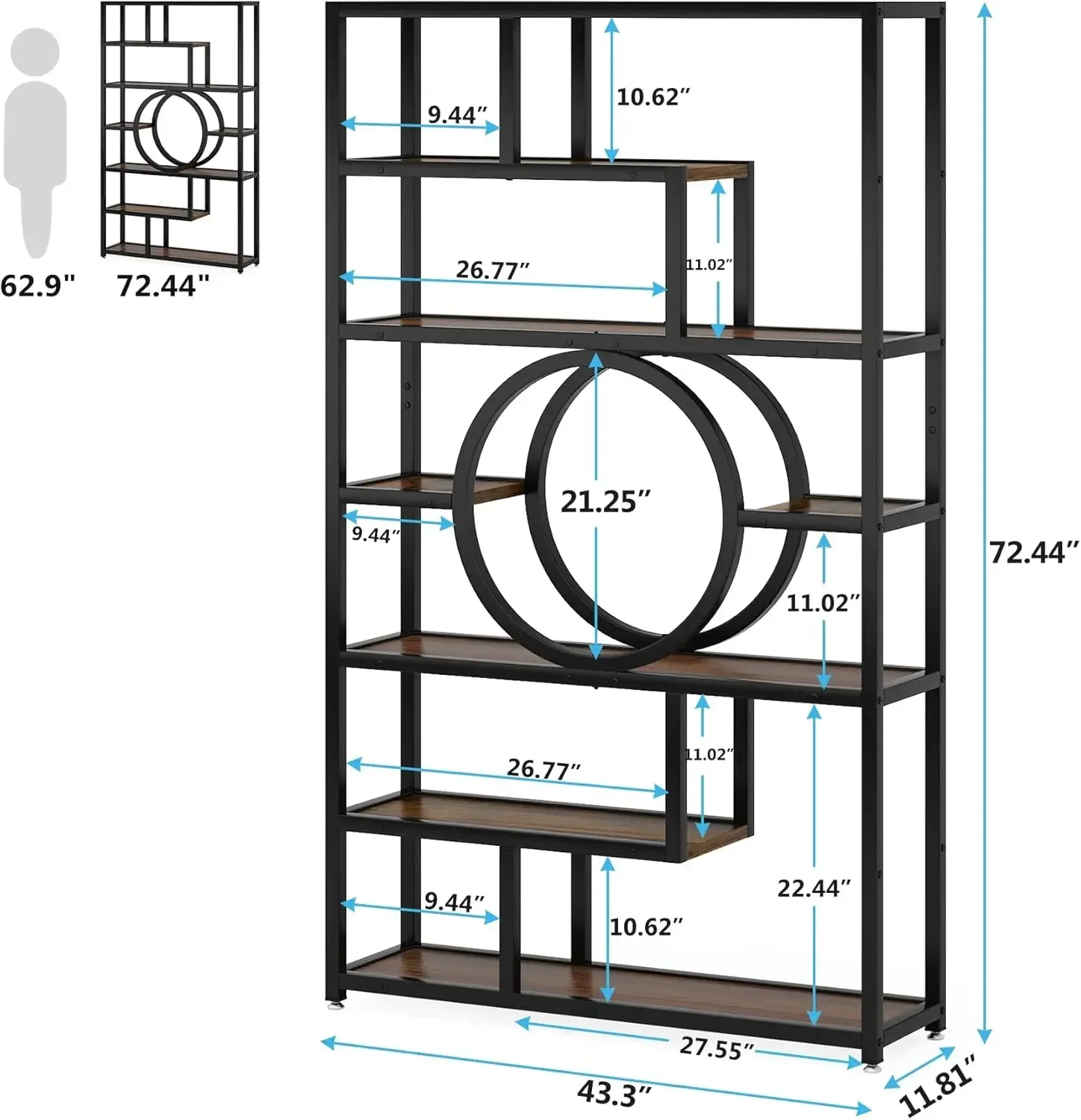 72.4 Inch Bookshelf Geometric Bookcase, 8-Tier Industrial Book Shelf with 11 Open Shelving Units, Living Room