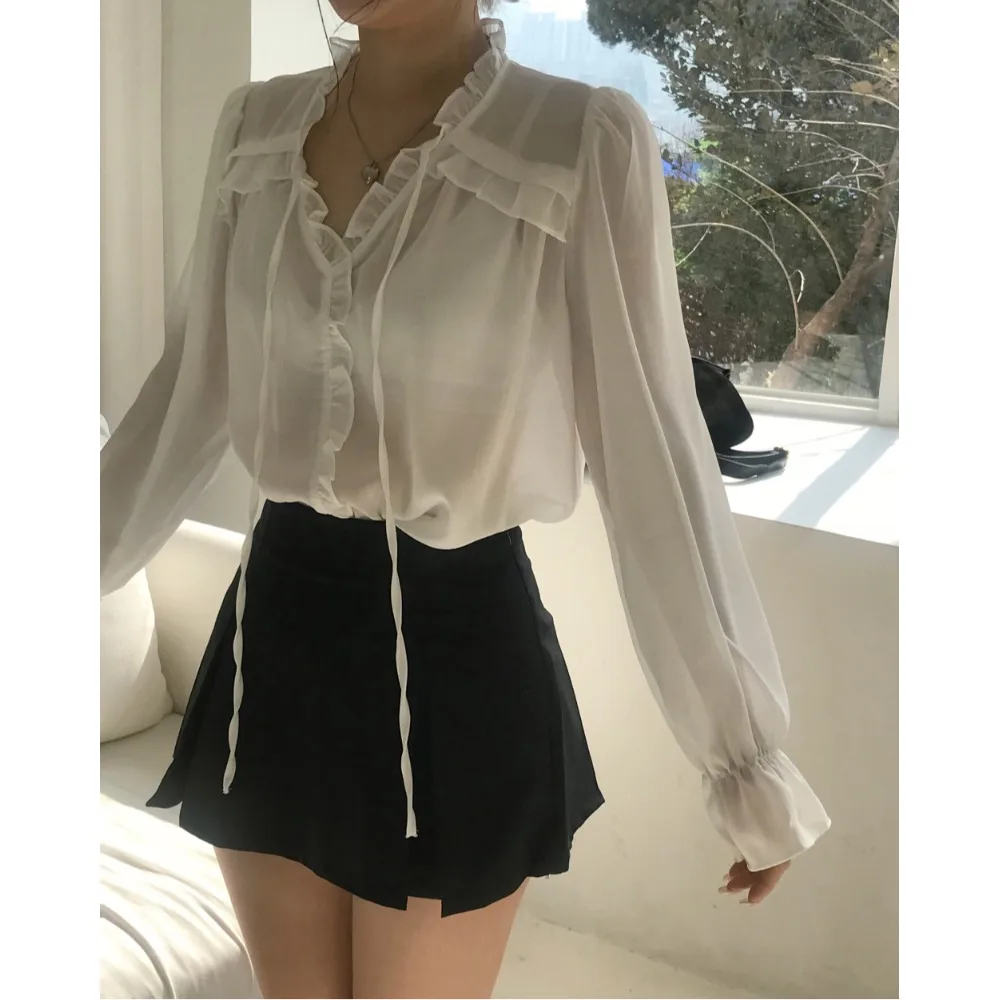 

Chic Korean Sle awl Collar T irt with Belt in Chiffon for Women Spring Autumn Winter Casual Wear School Street Sle
