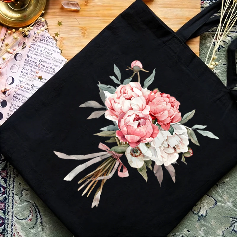 

Bridal Bouquet Pattern Canvas Handbags Women Watercolor Esthetics Flower Shopping Bags Large Capacity Female Plant Shoulder Bag