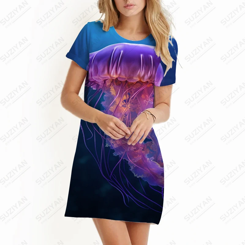 2023 neue Sommer Damen Kleid Meer Quallen 3d gedruckt Kleid Strand Urlaub Stil Kleid lässig All-Match-Kleid