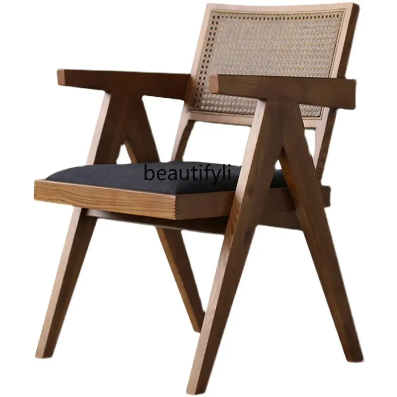 

Nordic Casual Belt Armrest Dining Chair New Chinese Retro Armchair Restaurant Ideas Rattan Solid Wood Chair