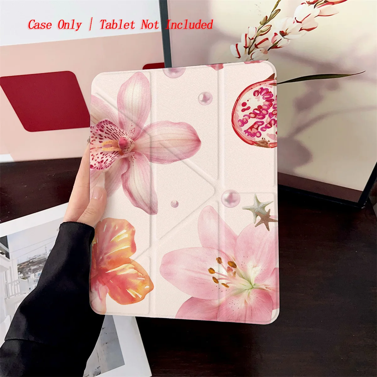 

Cute Y-Fold Acrylic Pastel Pink Pomegranate Floral Print iPad Case For Apple iPad Pro/Air/Mini Slim Anti-Scratch Cover