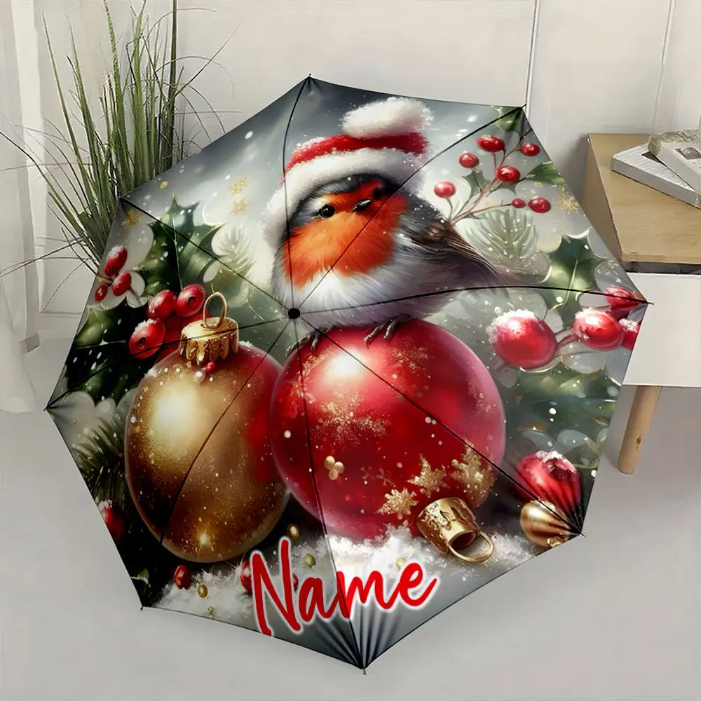 Custom Name Festive Bird and Ornaments Decorated Umbrella Design Print 8 Iron Ribs Folding Umbrella, Auto-Open Fashion Sunshade