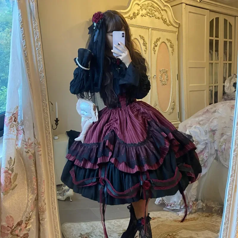 Wiktoriańska sukienka Gothic Lolita damska elegancka róża koszula na Halloween wełniana narzutka sukienka damska w stylu Harajuku Y2k