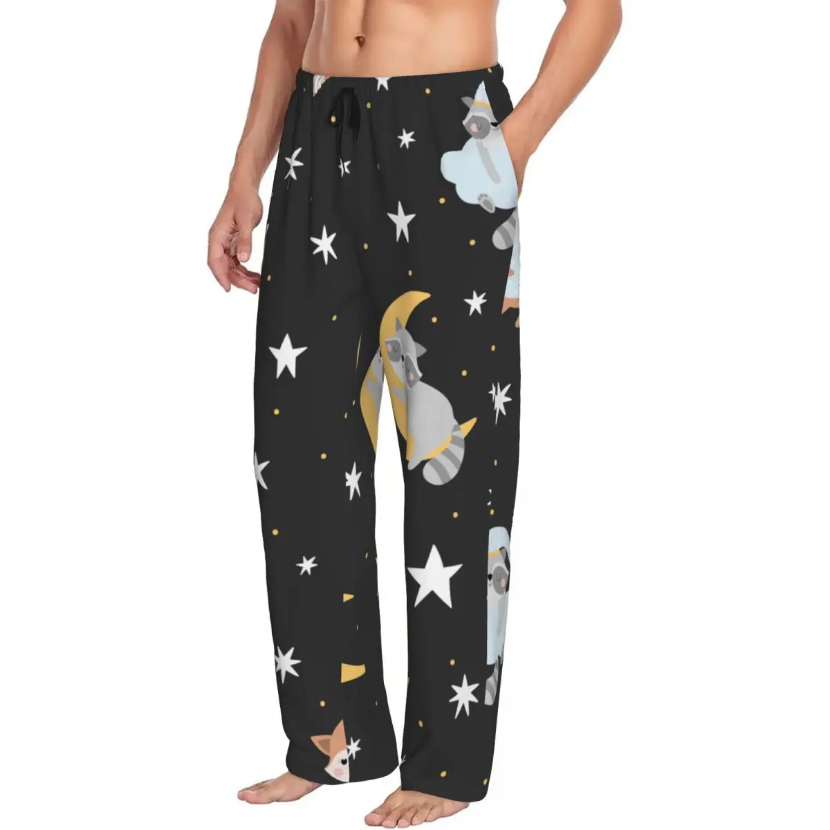 Calças de pijama fofas para animais adormecidos e estrelas para homens, cintura elástica, fundo de sleep lounge com bolsos