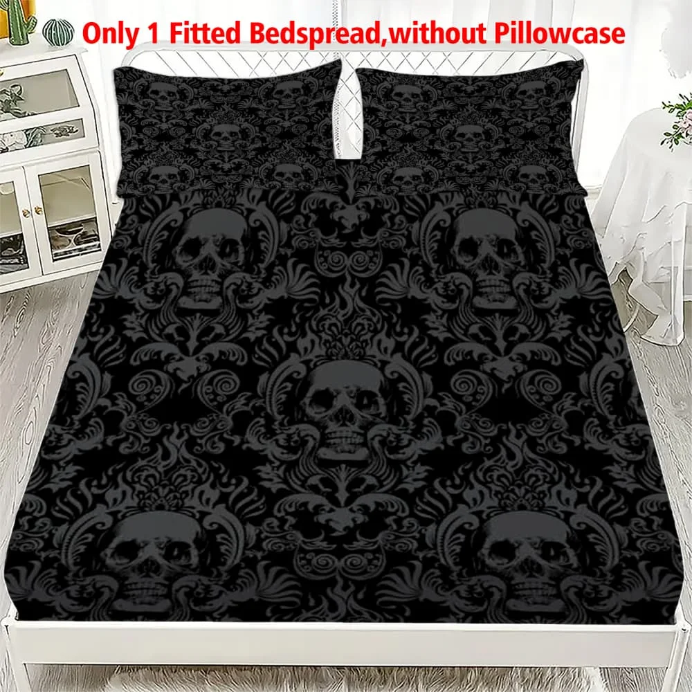 1pc Gothic Damask Skull Print Fitted Sheet Deep Pocket Elastic Mattress Cover Single Double Queen King Bedroom Decor