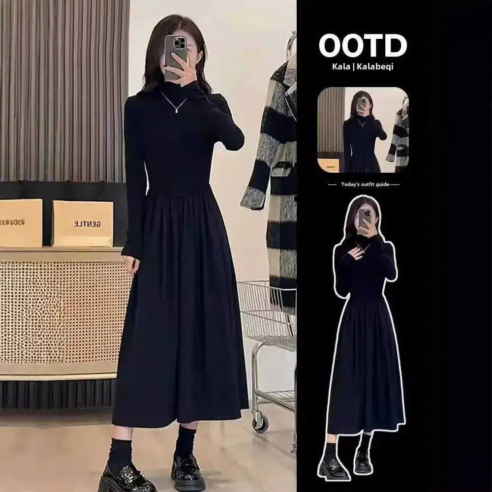 Nowa, ekskluzywna czarna sukienka damska na jesień i zimę 2025, długa, do noszenia pod spód, stylizacja z nutą elegancji.