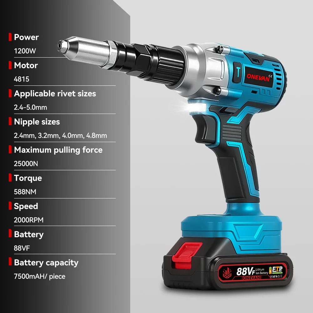 ปืนยิงรีเวทไร้สาย ONEVAN 25000N แบบไร้แปรงถ่าน พร้อมไฟ LED ใช้กับแบตเตอรี่ Makita 18V