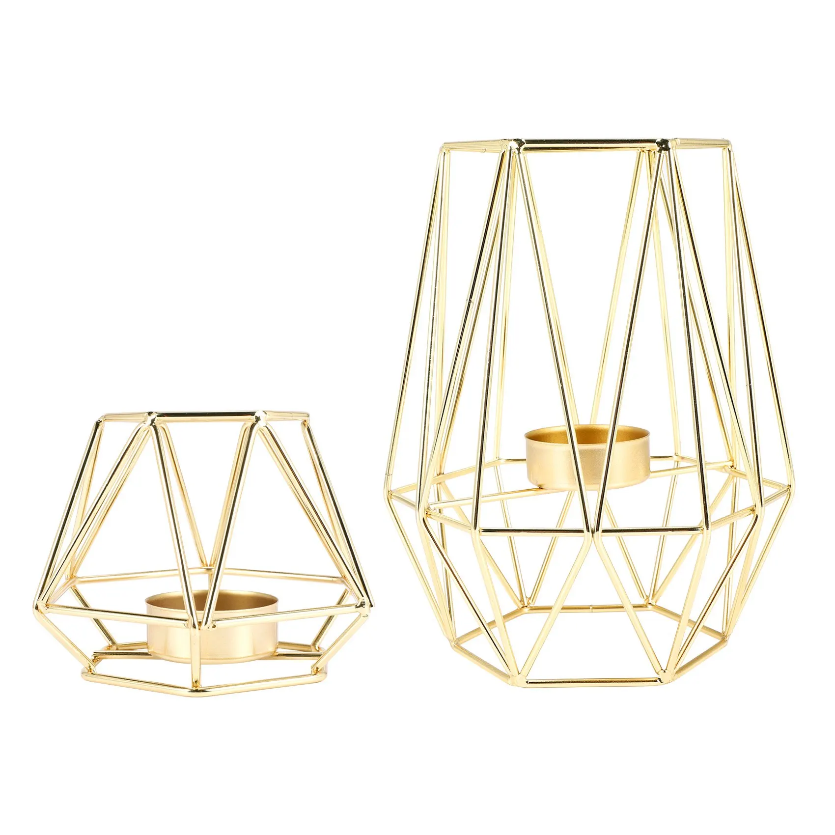 Set of 2 Gold Geometric Metal Tealight Candle Holders for Living Room & Bathroom Decorations - Centerpieces for Wedding &