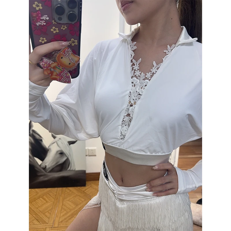 เสื้อผ้าเต้นรำละตินผู้หญิงเสื้อลูกไม้สั้นผู้ใหญ่ชัช่ารุมบ้าเต้นรำเสื้อฝึกซ้อมเสื้อผ้าแขนยาวเสื้อสีดำ DNV25291