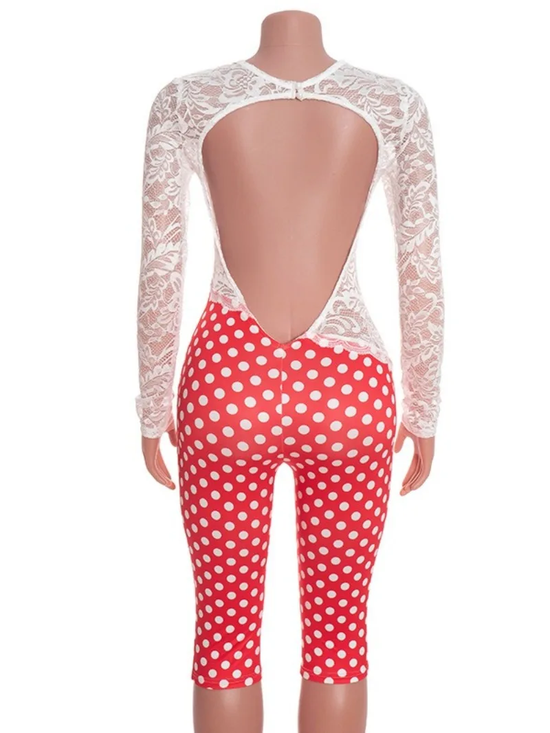 Body damskie z koronką, w kropki, patchworkowe, seksowne, z długim rękawem, bez pleców, na imprezę, do klubu, prześwitujące kombinezony jednoczęściowe.