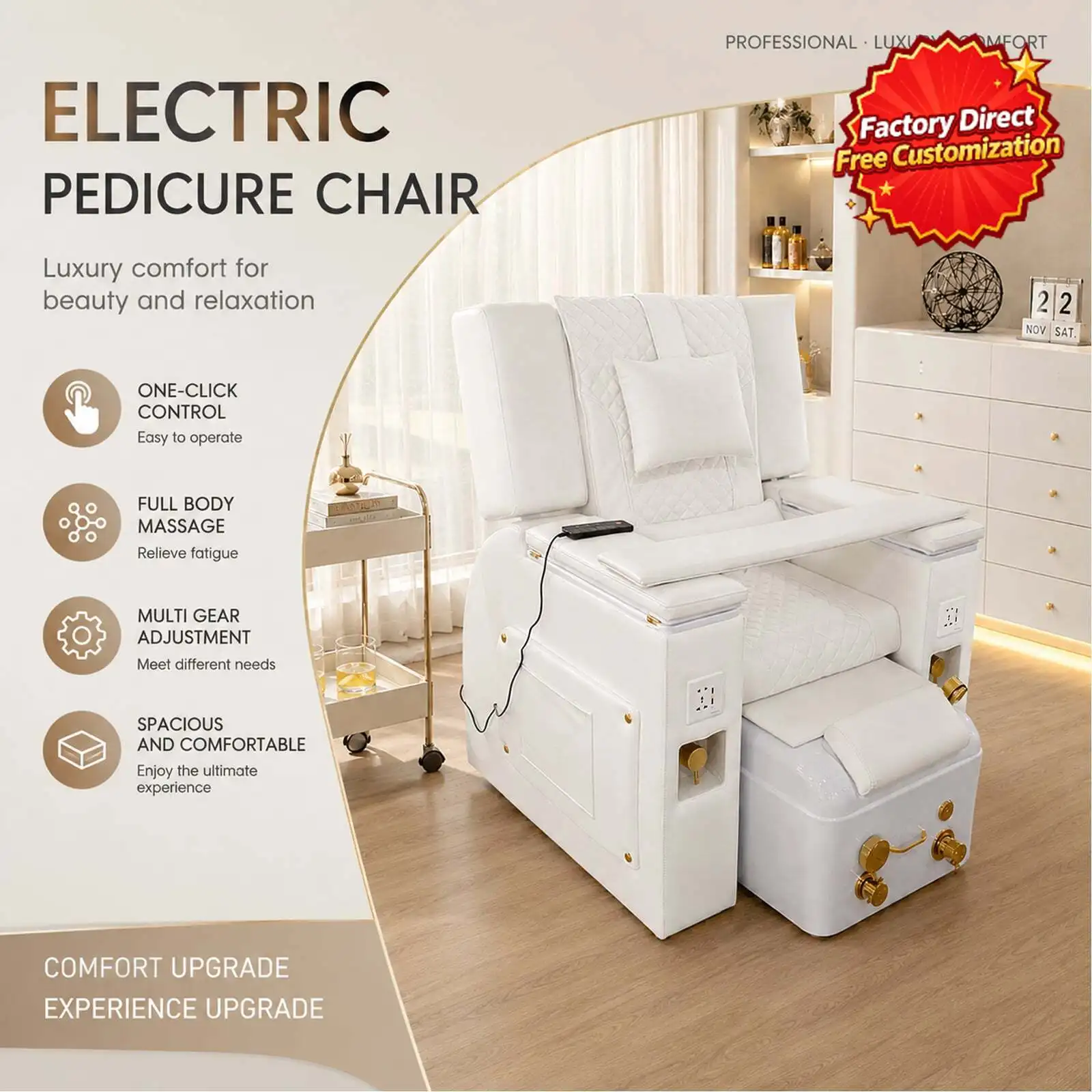 Electric Pedicure Chair with Foot Spa, Luxury White Quilted Leather Manicure Nail Salon Chair with USB Port & Remote Control