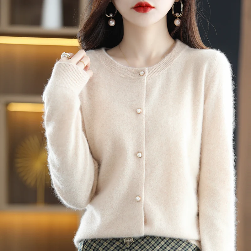 Cardigan Women's Jacket Sweater 100% Pure Wool Spring and Autumn Short Round Neck Long Sleeve Small Fragrance Bottom Knit Loose