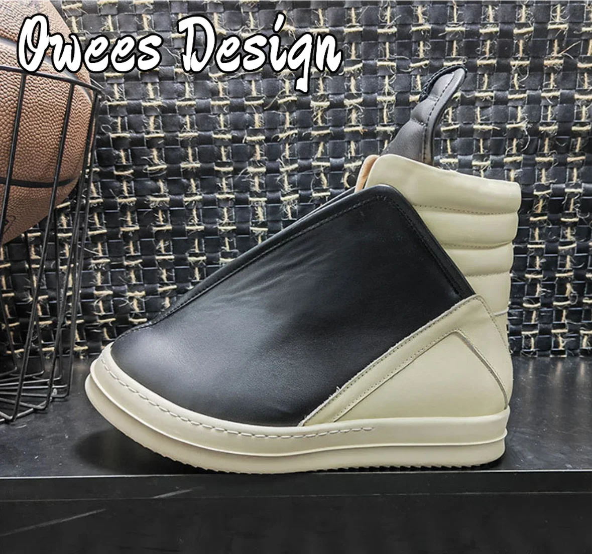 Owees تصميم حذاء رجالي كاجوال عالي الجودة حذاء رياضي أسود حذاء بوت بطول الكاحل Geobasket جلد موضة سميكة وحيد حذاء مسطح بسحاب