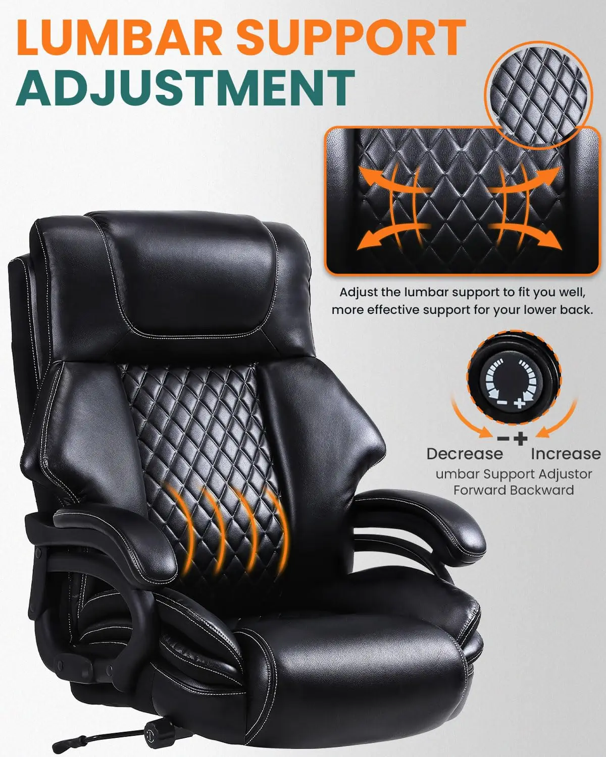 Heavy Duty Office Chair 650lbs, Ergonomic Lumbar Support, Padded Leather Executive, Quiet Casters, 8-Hour Work, Customized