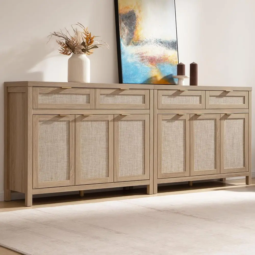 

Boho Chic Rattan Accent Cabinet with 3 Doors & 2 Drawers, Light Oak Finish, 2-Piece Set for Living Room or Entryway