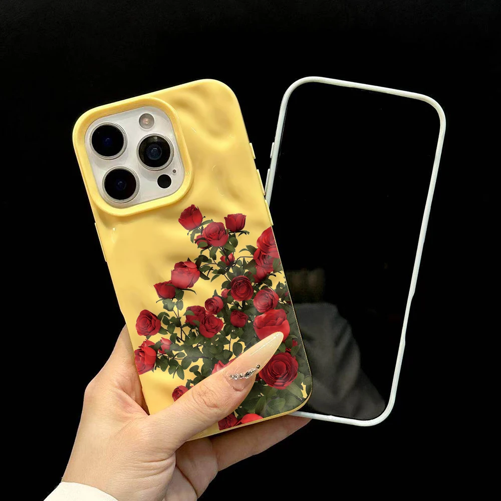 Koreanische Rosenblumen-Drucke Niedliche Handyhülle für iPhone 17 16 15 14 13 12 11 Pro Max 14 Plus 17Air Falten-Wellen Weiche Silikonhülle – Detail 6