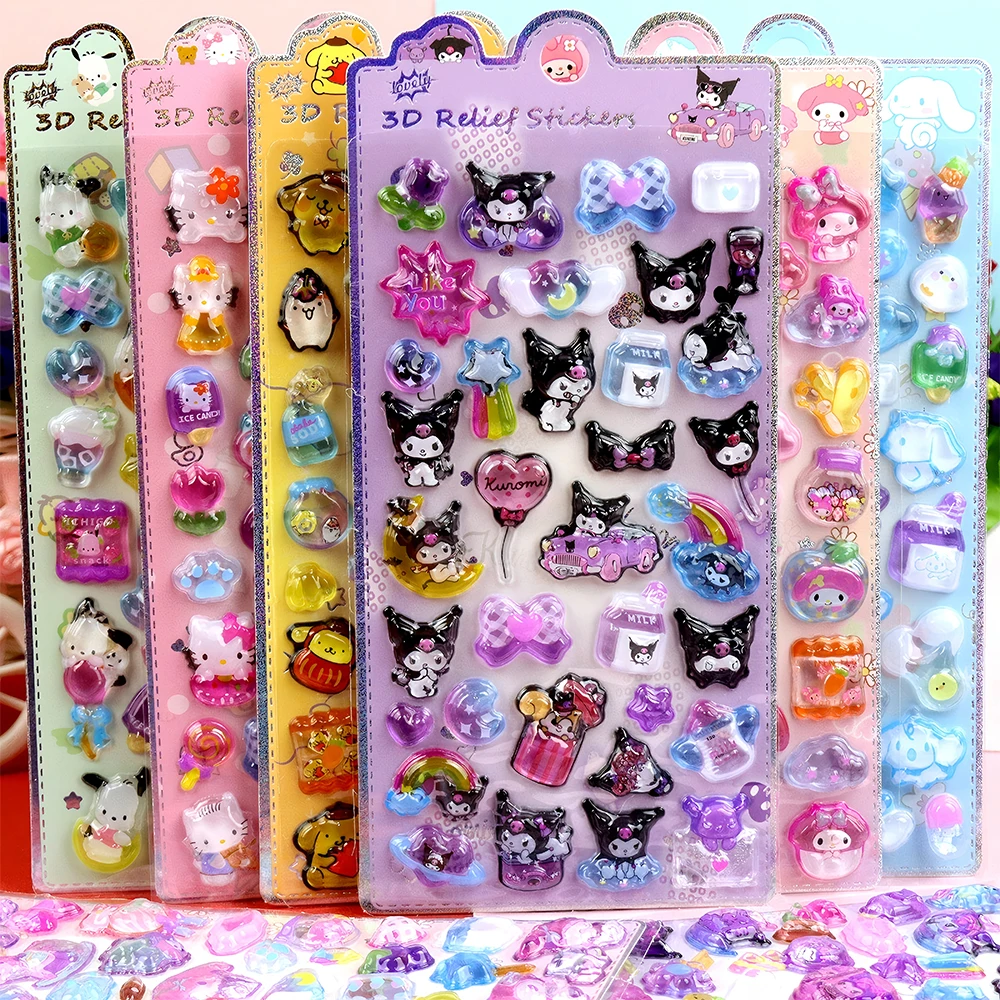 Naklejki 3D Sanrio Cartoon Anime, urocze naklejki z Cinnamoroll, Melody, Kuromi, żelowe kryształowe naklejki DIY, dekoracje na telefon, zabawki dla dzieci.