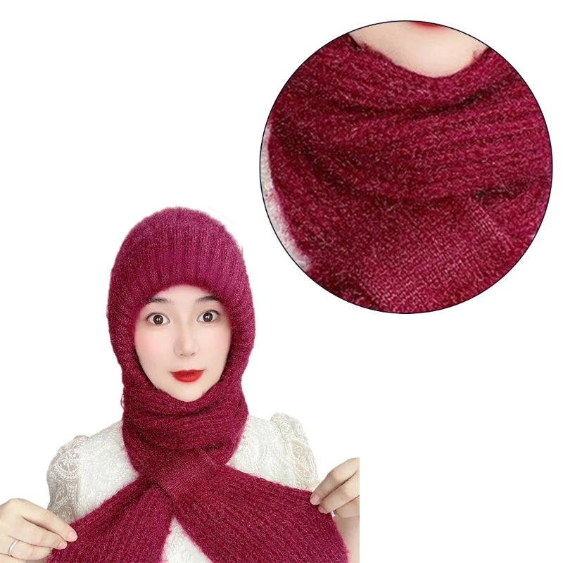 Y166 Adults Knit Hooded Scarf 2in1 Set Teens Knitted Hat Suit Winter Warm Woman Girls Pullover Hat for Outdoor