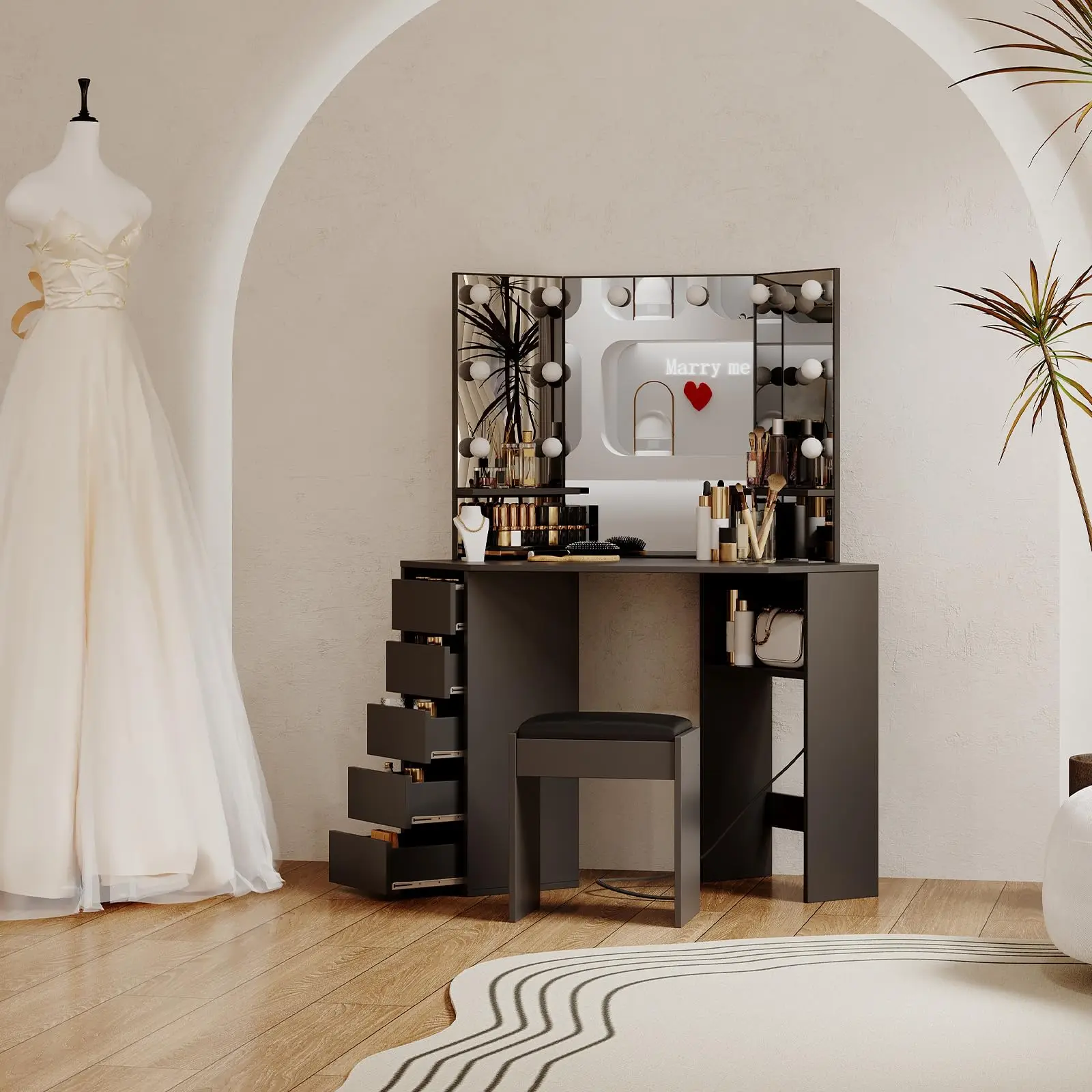 Corner LED Vanity Desk with Tri-Fold Lighted Mirror, 5 Drawers & USB Charging Station for Small Spaces