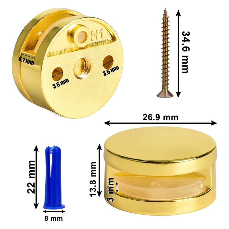 Монтажное оборудование для безрамного зеркала 3-5 мм. Комплект из 8 двухвинтовых крепежных комплектов для крепления зеркала с винтами и анкерами. Простой в использовании, золотой.