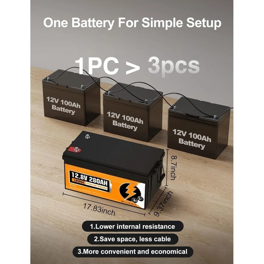 Bateria LiFePO4 RV 3584Wh 12V 280Ah com Bluetooth e corte de baixa temperatura - BMS 200A integrado - Ciclo profundo para campista, trailer