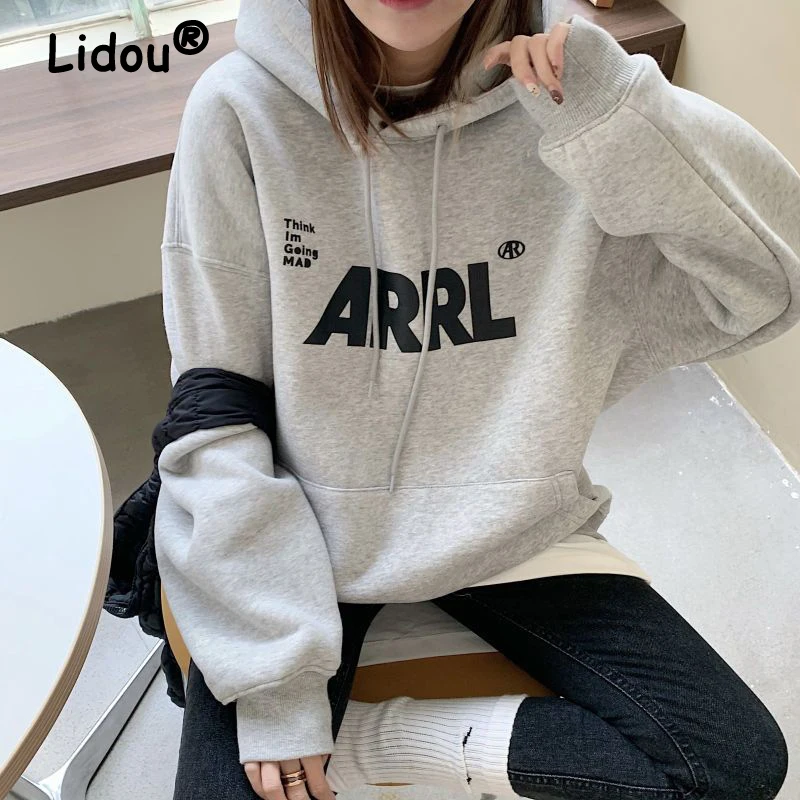 

2024 Autumn Winter Women Trendy Letter Print Casual Streetwear Oversize Hooded Sweatshirts Y2K Student Long Sleeve Pullover Tops