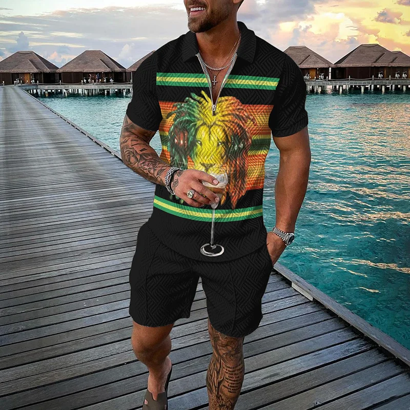 Funny 3D Print Men's Sets Fashion Polo Shirt+Shorts 2 Piece Outfit Fashion Zipper Short Sleeve Shirts Summer Hip Hop Streetwear