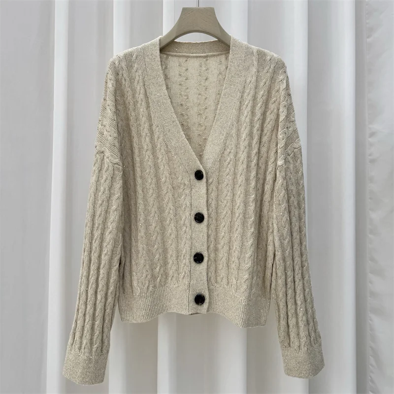 Cardigan for women Spring 2026 new stretch knitted slim fit women's long sleeved top Sparkling blend V-neck women's sweater y2k