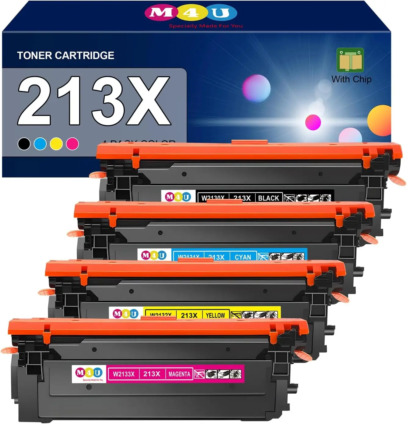 High-Capacity 4-Pack 213X Toner Cartridges with Chip for Use with 213X W2130X 213A W2130A Compatible Printers: Enterprise 5700dn 6700dn 6701dn, Flow MFP 5800 6800, MFP 5800 6800 (Black, Cyan, Yellow, Magenta)