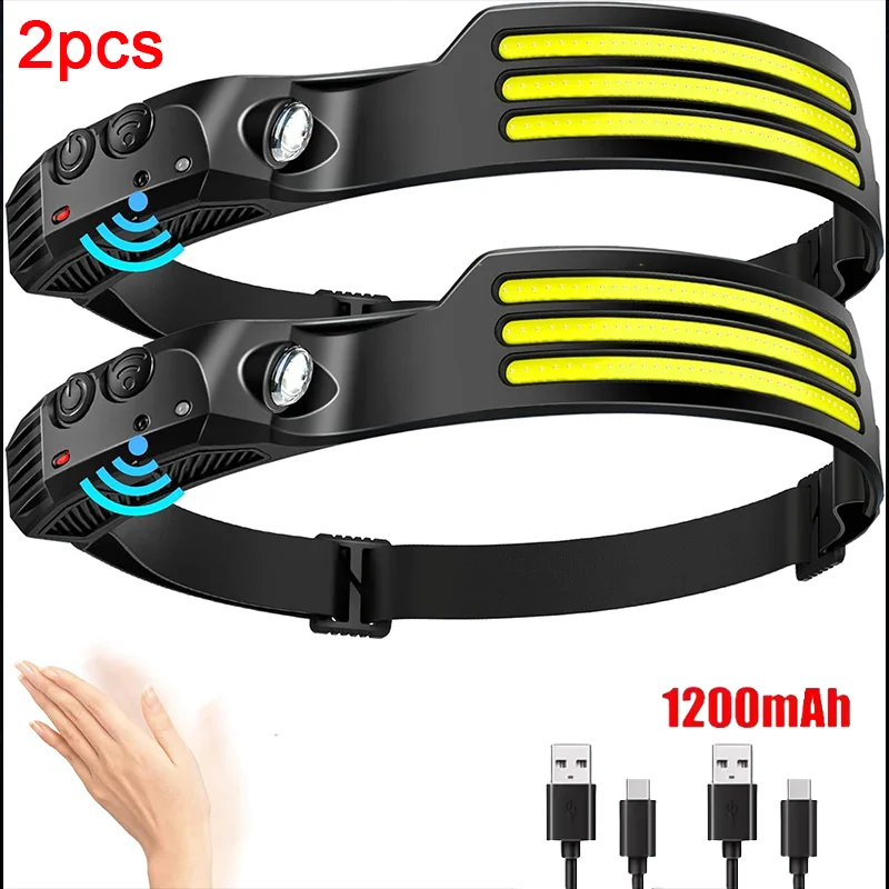 USB Rechargeable COB LED Induction Headlamp with Built-in Battery, Hands-Free Head Flashlight Lantern for Outdoor Camping